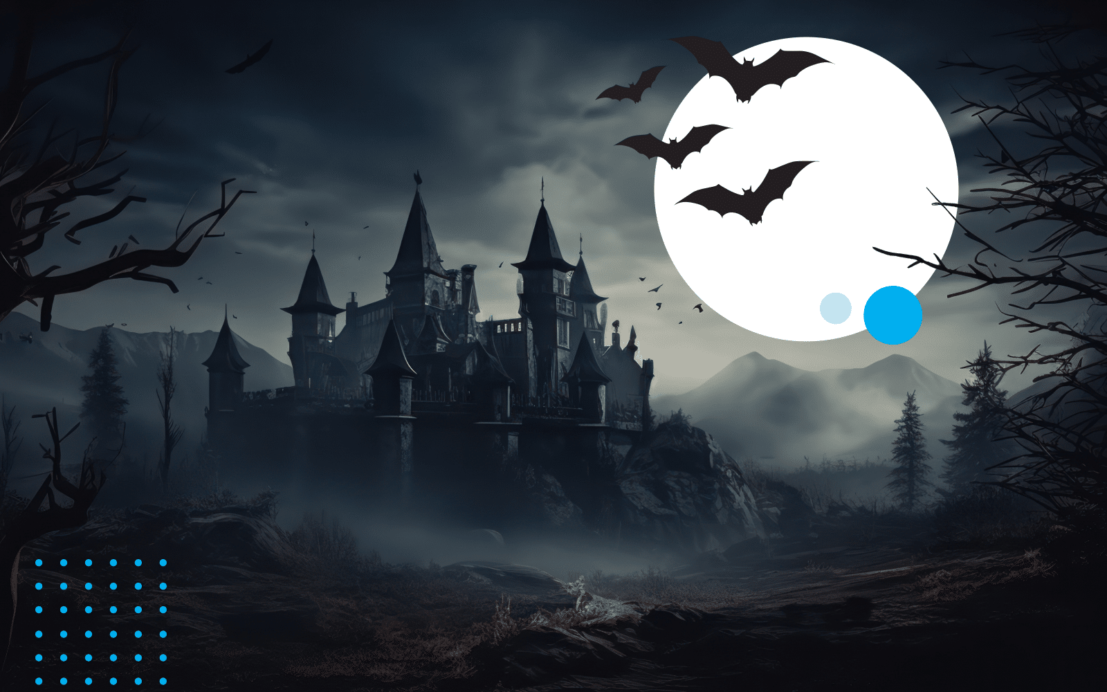 picture of a haunted, moonlit castle with bats flying in the distance